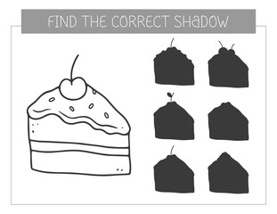 Find the correct shadow coloring book with a cake. Coloring page educational game for kids. Cute cartoon piece of cake. Shadow matching game. Vector illustration.