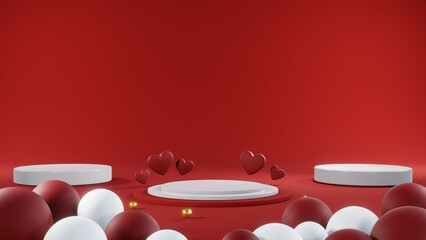 3D rendering of red podium for Valentine products on Valentine's Day.