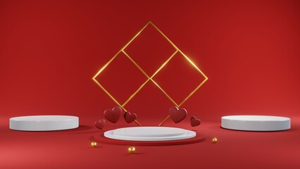 Fototapeta na wymiar 3D rendering of red podium for Valentine products on Valentine's Day.