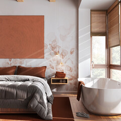 Minimalist wooden bedroom with bathtub in white and orange tones, close up. Master bed, parquet ,windows and wallpaper. Japandi interior design