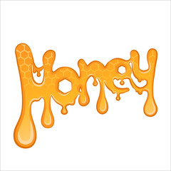 Honey lettering print. Liquid honey English text, logotype, design, sticker textured by honeycomb.