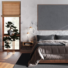 Japandi wooden bedroom with bathtub in white and gray tones, close up. Master bed, parquet, windows and wallpaper. Contemporary interior design
