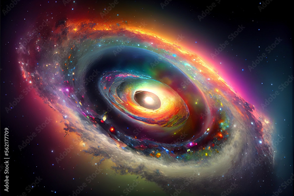 Poster beautiful abstract rainbow swirl and multi coloured space background in the darkness.