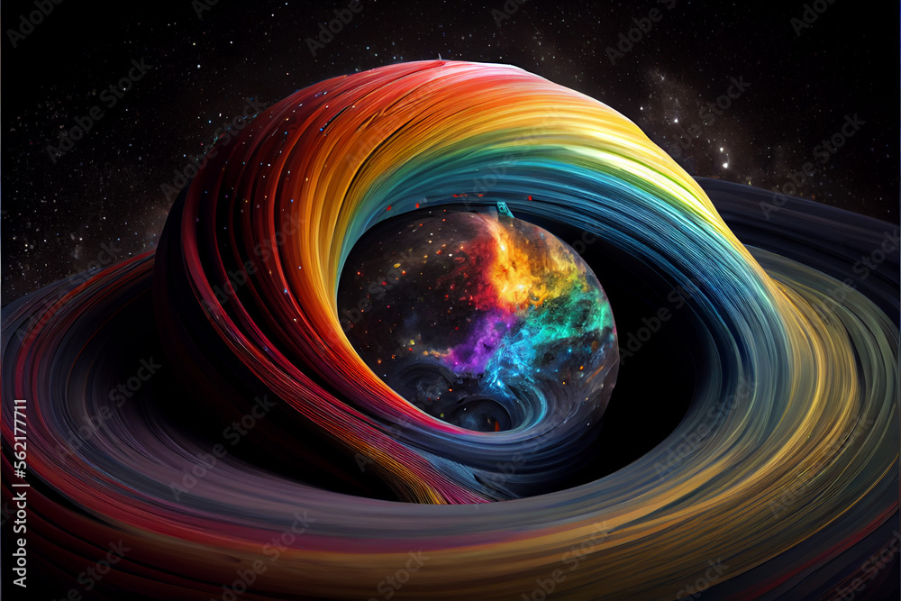 Poster beautiful abstract rainbow swirl and multi coloured space background in the darkness.