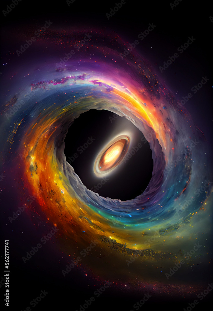 Poster beautiful abstract rainbow swirl and multi coloured space background in the darkness.
