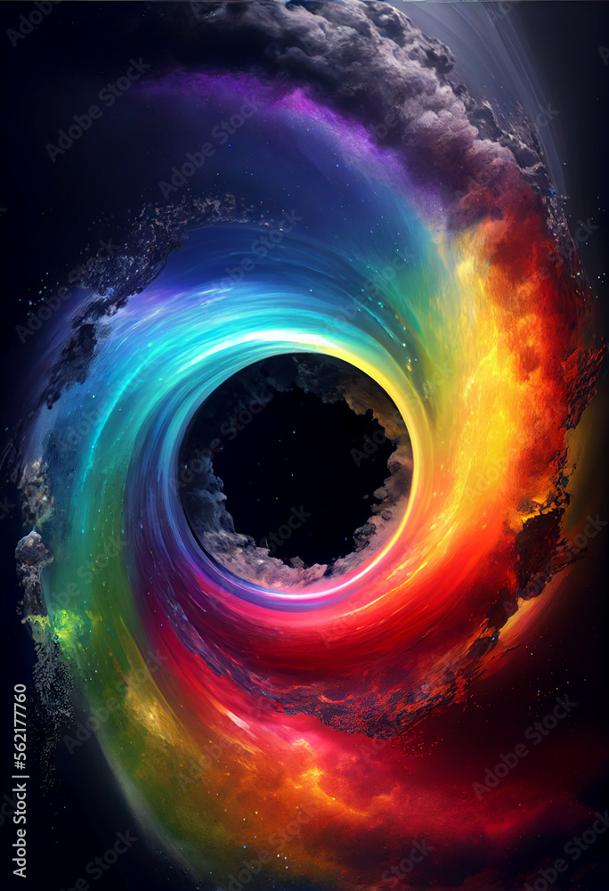 Poster beautiful abstract rainbow swirl and multi coloured space background in the darkness.