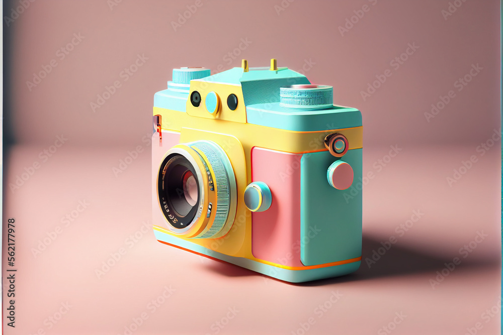Aufkleber Beautiful Camera  tape in neon light. Minimalism retro style concept. 80s. Background pattern for design