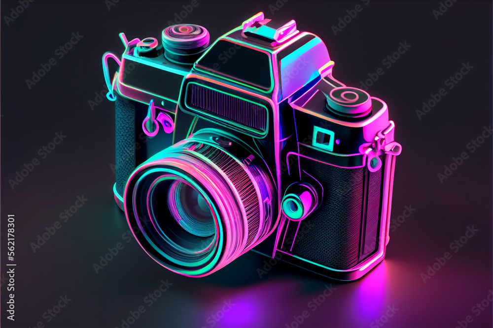 Poster Beautiful abstract Camera in neon lights . Generative AI technology 