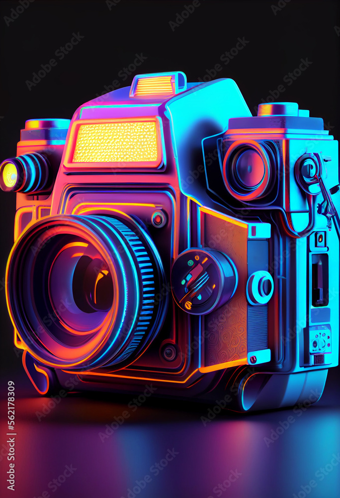 Poster beautiful abstract camera in neon lights . generative ai technology
