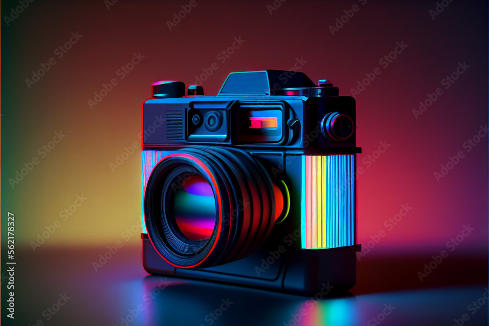 Poster beautiful abstract camera in neon lights . generative ai technology