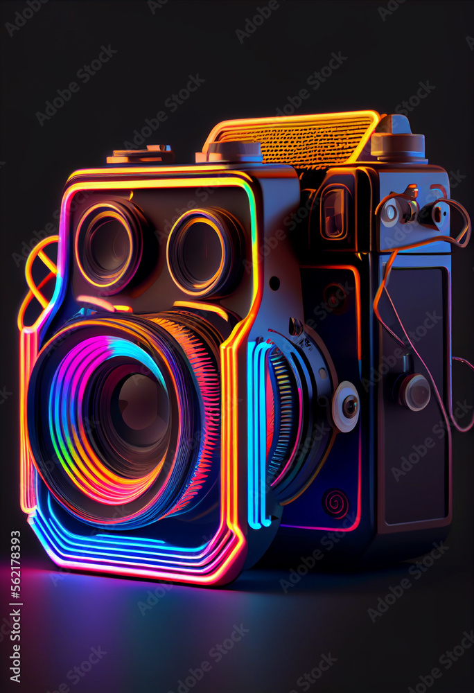 Poster Beautiful abstract Camera in neon lights . Generative AI technology 
