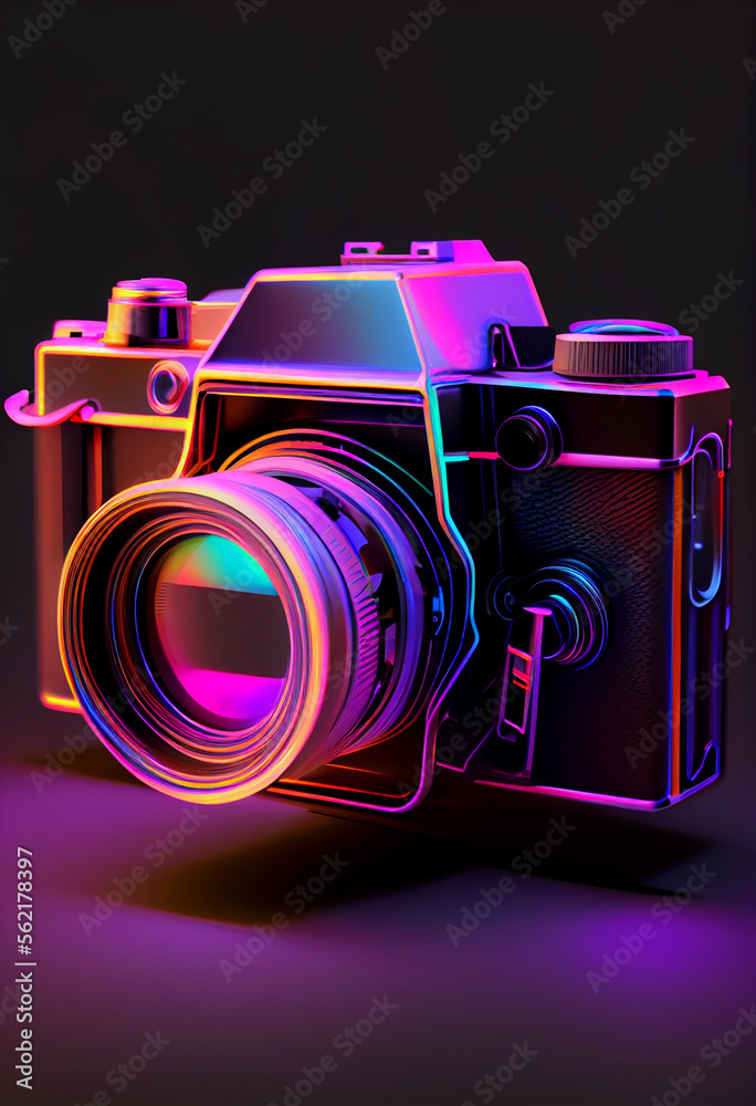 Poster beautiful abstract camera in neon lights . generative ai technology