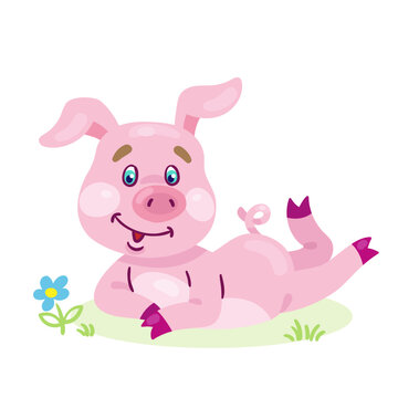Cute little piglet lies on the grass. In cartoon style. Isolated on white background. Vector flat illustration