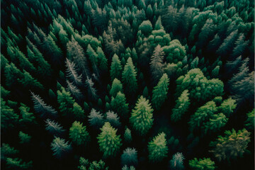 Naklejka na ściany i meble Background of a green forest, shot from above, ai generated