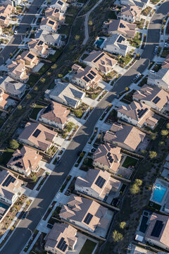 Aerial view of suburban street in the Santa Clarita community of Los Angeles County, California.