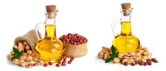 peanut oil in a glass bottle with peanuts in bowl