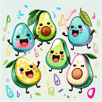 Group of happy avocado characters dancing. Generative AI.