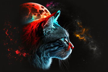 Colorful Cat in front of the Moon. Moonlight Cat. Created by Generative AI.