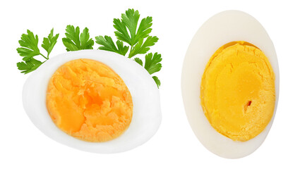 half boiled egg isolated on white background. Top view.