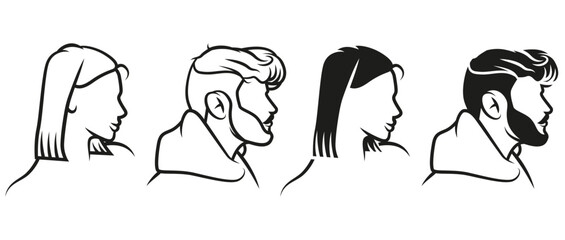 Barbershop logo - Vector logo icon of man and woman, man head woman head, hair, hairstyle - side 