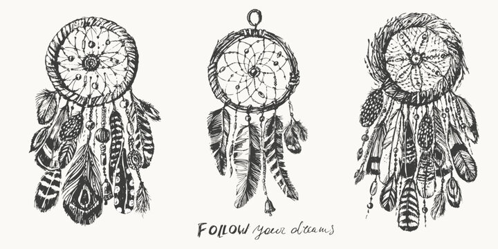 Hand drawn sketch of dreamcatcher with feathers and beads