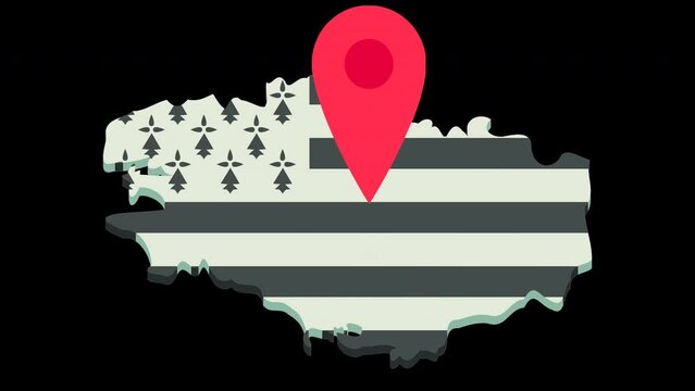 Looping animation with red location marker jumping over 3D map of Brittany in colors of Breton flag in flat design style with alpha channel for transparency