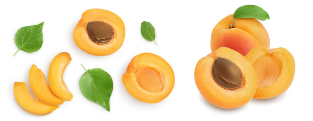 apricot fruit with half and slices isolated on white background. Top view. Flat lay