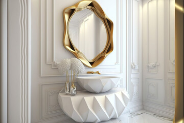 bathroom modern 3d design - contemporary style luxury architecture - white and golden colors, Generative AI
