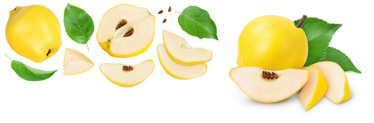 Fresh quince with half and slices isolated on the white background. Top view. Flat lay