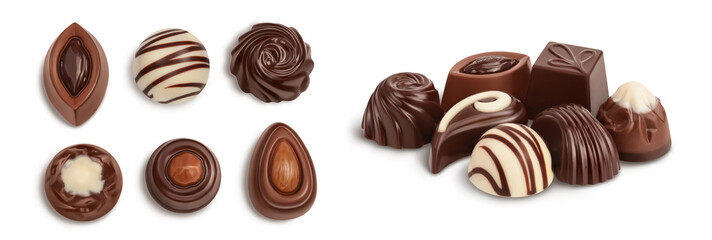 Chocolate candy isolated on white background with full depth of field. Top view. Flat lay. Set or...