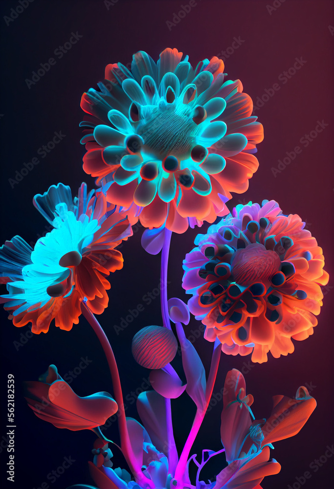 Poster Beautiful abstract Flowers in colorful light. Minimalism modern style concept. Dark Background pattern for design