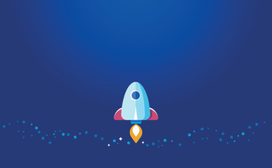 Vector background with rocket launch. Simple presentation cover template with place for text, stars, blue space. Success startup concept. Futurism, science fiction illustration in flat cartoon style - 562182582