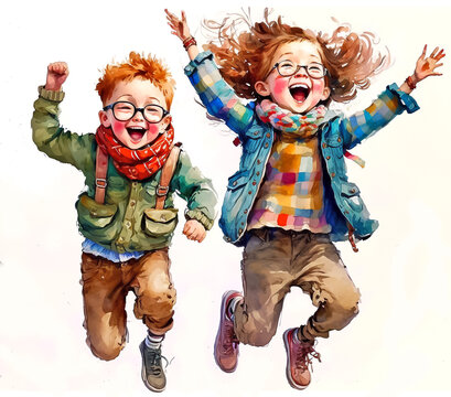 Two happy kids wearing glasses, jumping with joy, boy and girl on white background, isolated, digital watercolor painting