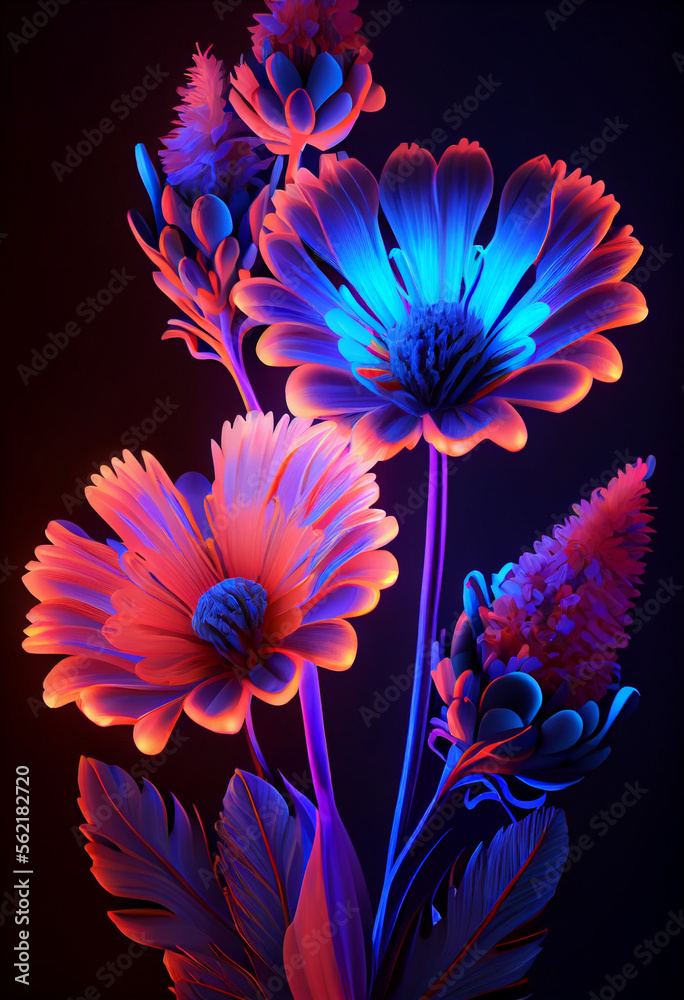 Poster beautiful abstract flowers in colorful light. minimalism modern style concept. dark background patte