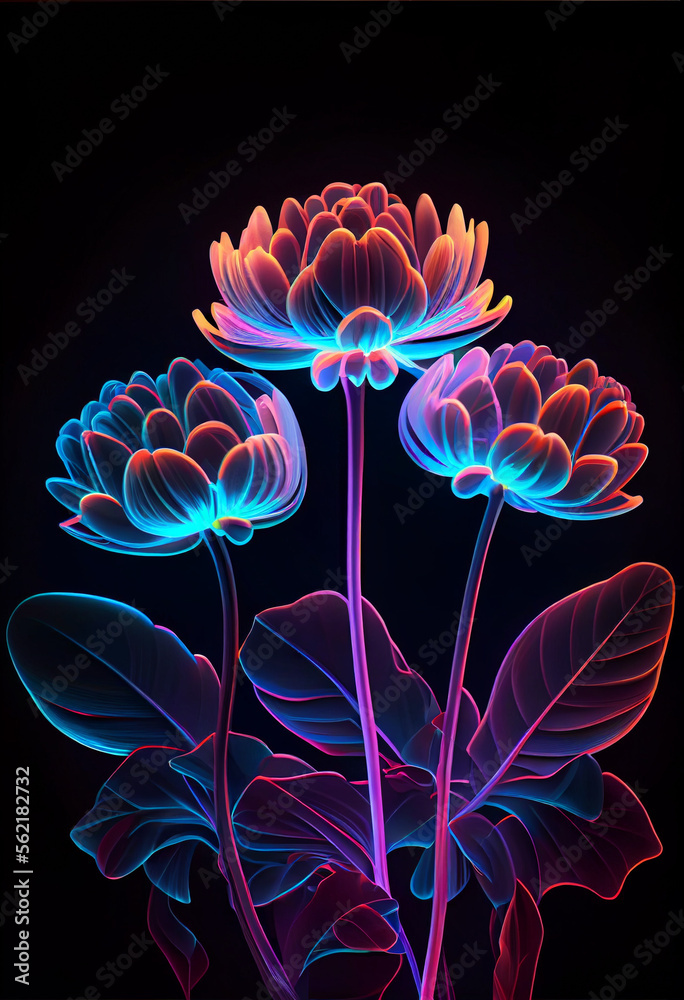 Poster Beautiful abstract Flowers in colorful light. Minimalism modern style concept. Dark Background pattern for design