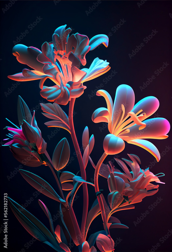 Poster Beautiful abstract Flowers in colorful light. Minimalism modern style concept. Dark Background pattern for design