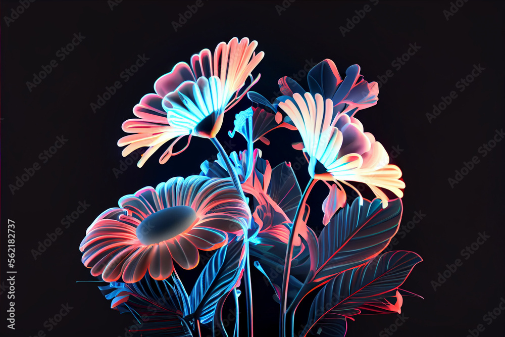 Poster Beautiful abstract Flowers in colorful light. Minimalism modern style concept. Dark Background pattern for design