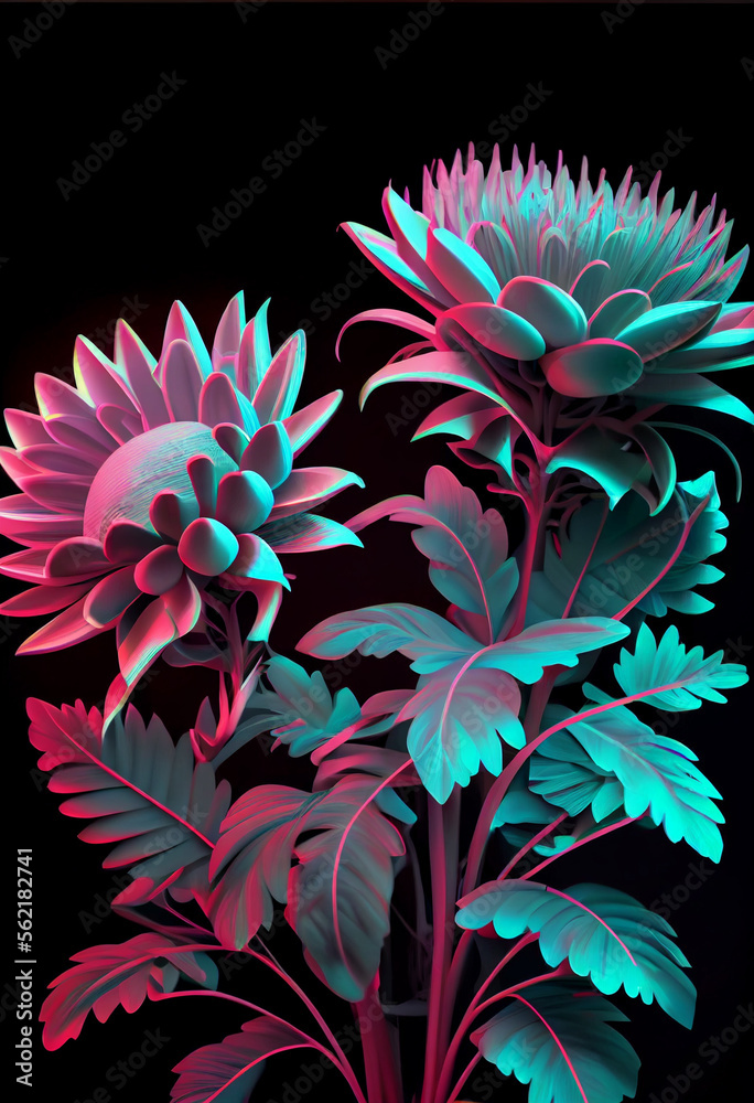 Poster Beautiful abstract Flowers in colorful light. Minimalism modern style concept. Dark Background pattern for design