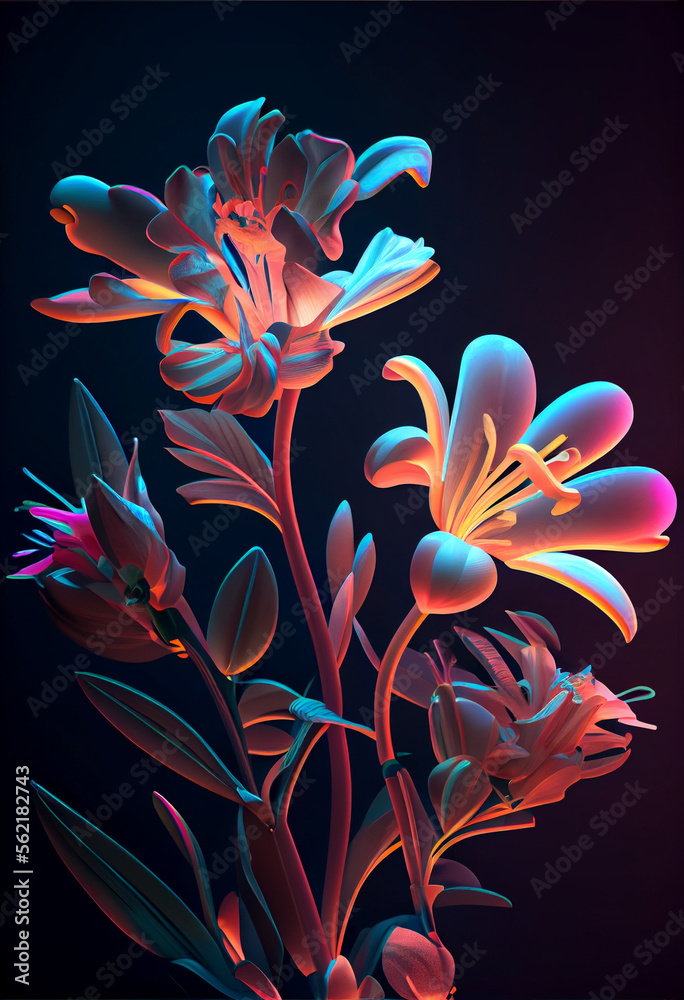 Poster Beautiful abstract Flowers in colorful light. Minimalism modern style concept. Dark Background pattern for design
