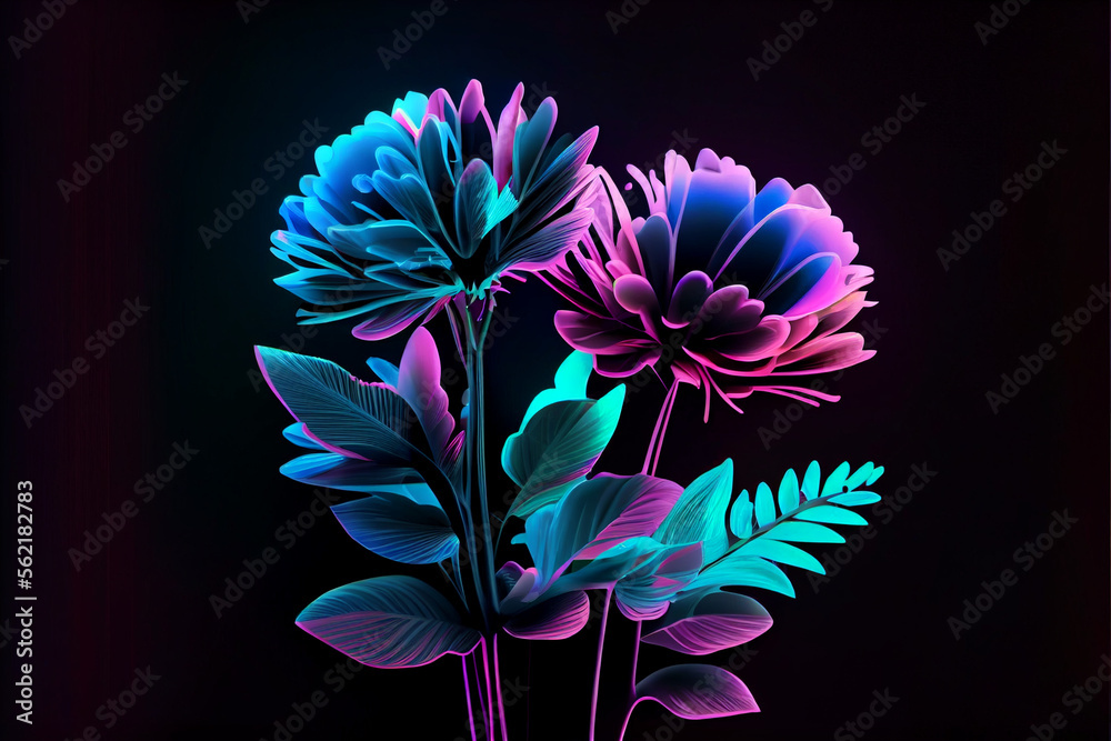 Poster Beautiful abstract Flowers in colorful light. Minimalism modern style concept. Dark Background pattern for design