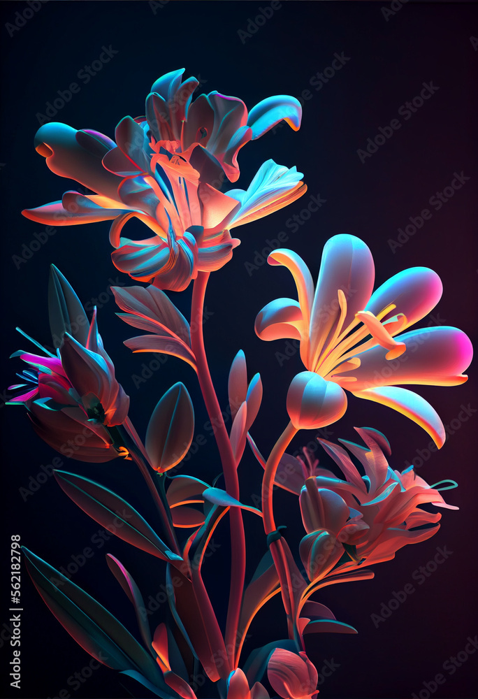 Poster Beautiful abstract Flowers in colorful light. Minimalism modern style concept. Dark Background pattern for design