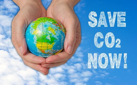 Save CO2 now, earth or globe with hands on blue sky, ecology and climate