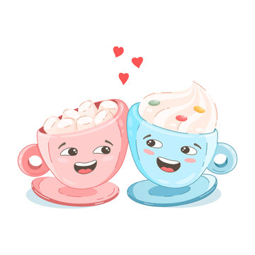 Coffee cups with marshmallows and whipped cream, cocoa, hot chocolate, cute cartoon-style image of your favorite drink, lovers