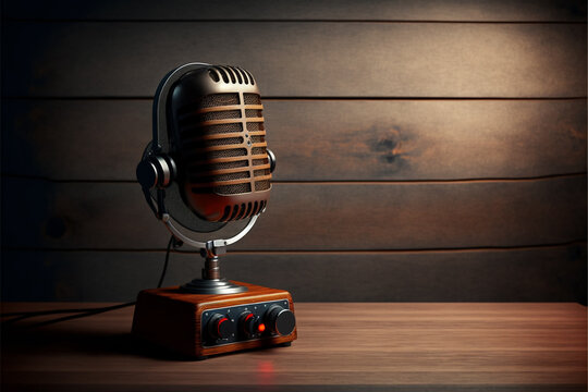 Microphone on a wooden table, a 3D render, new objectivity, studio light, studio photography