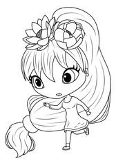 Girl with flowers in her hair. Princess Lotus. Coloring book for children. Vector illustration 