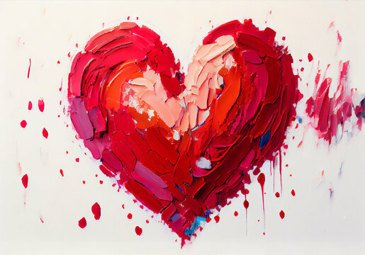 Generative AI Illustration of pink and red heart shape painter in oil knife technique style on canvas. Valentine's day greeting card digital art..