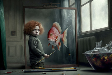 child and the fish dark generative ai