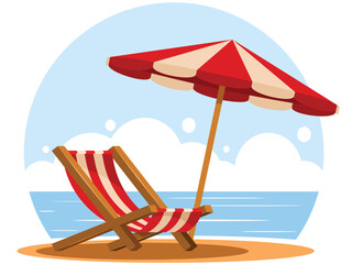 Beach sunbed with umbrella, wooden deck chair. Summertime relax. Vector graphics