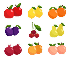 Fruits in flat style. Set of simple fruit icon illustrations. Learning fruits for children.