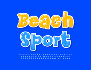 Vector bright Sign Beach Sport. Blue handwritten Font. Playful style Alphabet Letters and Numbers set
